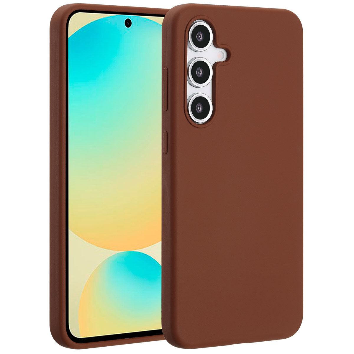 Une coque de téléphone marron et un téléphone. Le téléphone a un écran avec un arrière-plan coloré. La coque a trois objectifs.