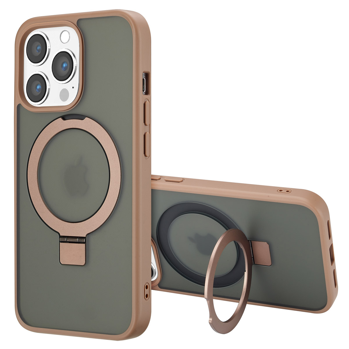 Deux étuis de téléphone, kaki et vert. Un debout, l'autre incliné. Chacun a un support d'anneau et des découpes de caméra.