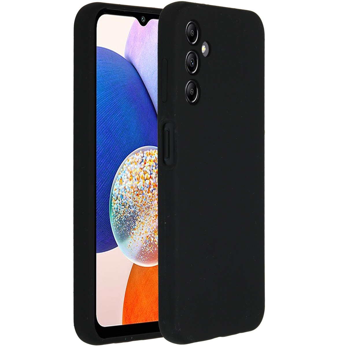 Een zwarte telefoonhoes met een telefoon erin. De telefoon heeft een scherm met een abstracte afbeelding. Drie cameralenzen zijn zichtbaar.