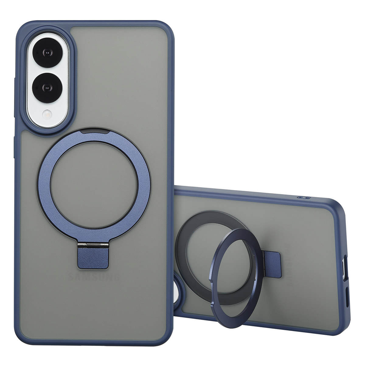 Deux coques de téléphone avec des accents bleus. Une est debout, l'autre est couchée. Les deux ont des supports à anneau et des découpes caméra. Gris et bleu.