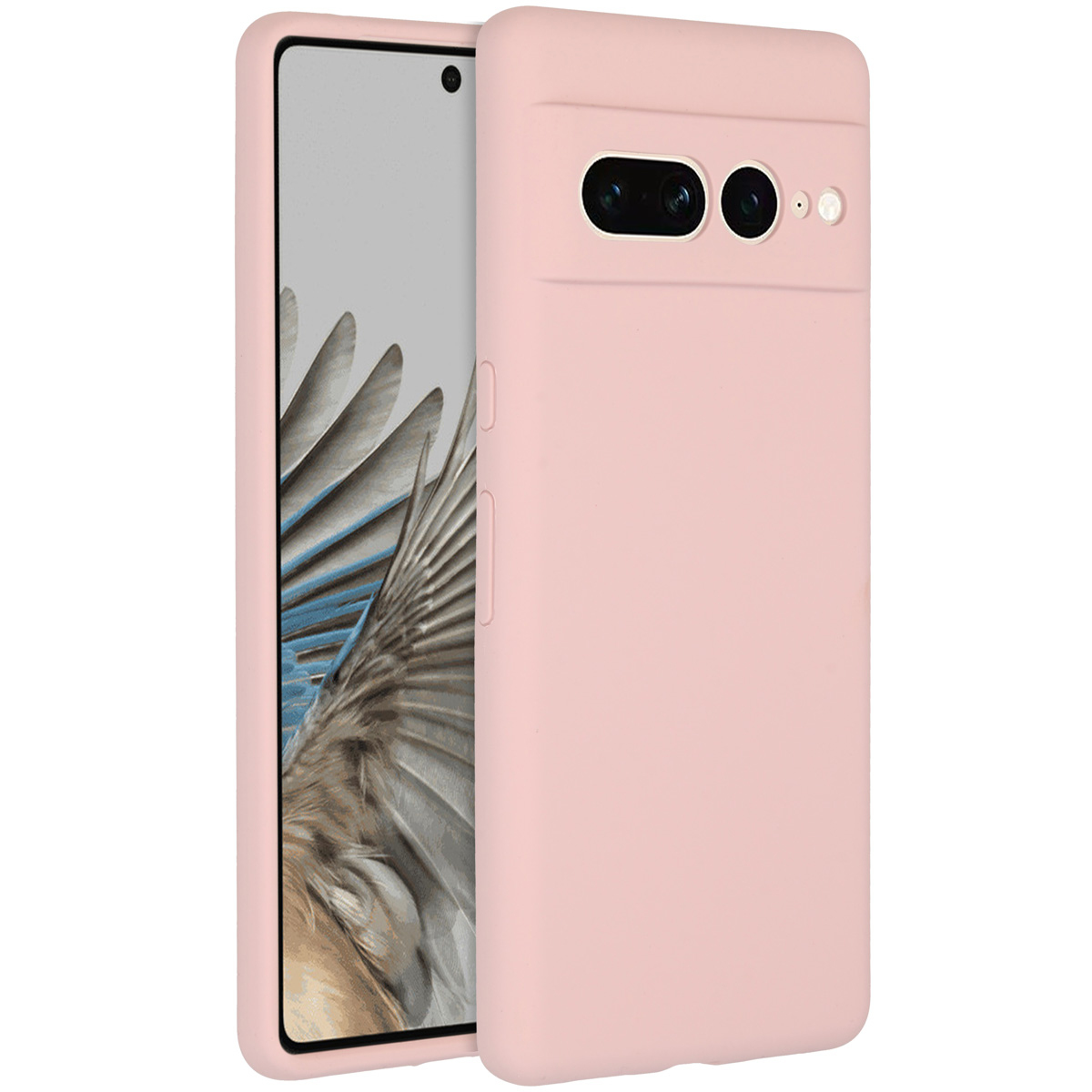 Una custodia rosa e un telefono parzialmente visibile. Lo schermo del telefono mostra un motivo ad ali. La custodia ha ritagli per la fotocamera.