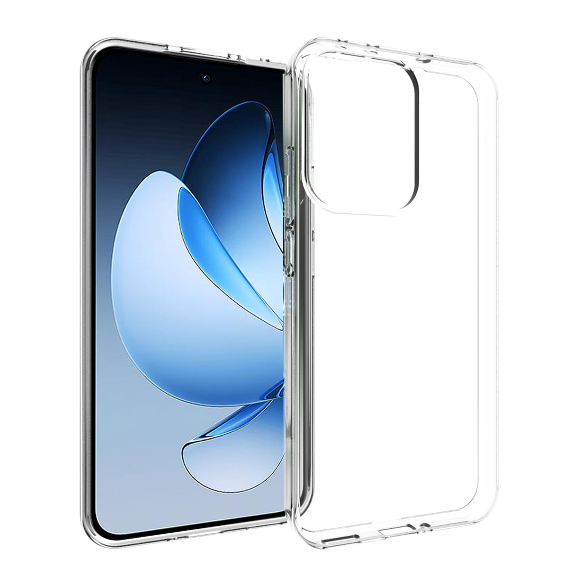 Un smartphone avec une coque de protection transparente. L'écran affiche un motif abstrait bleu et blanc. La coque est transparente.