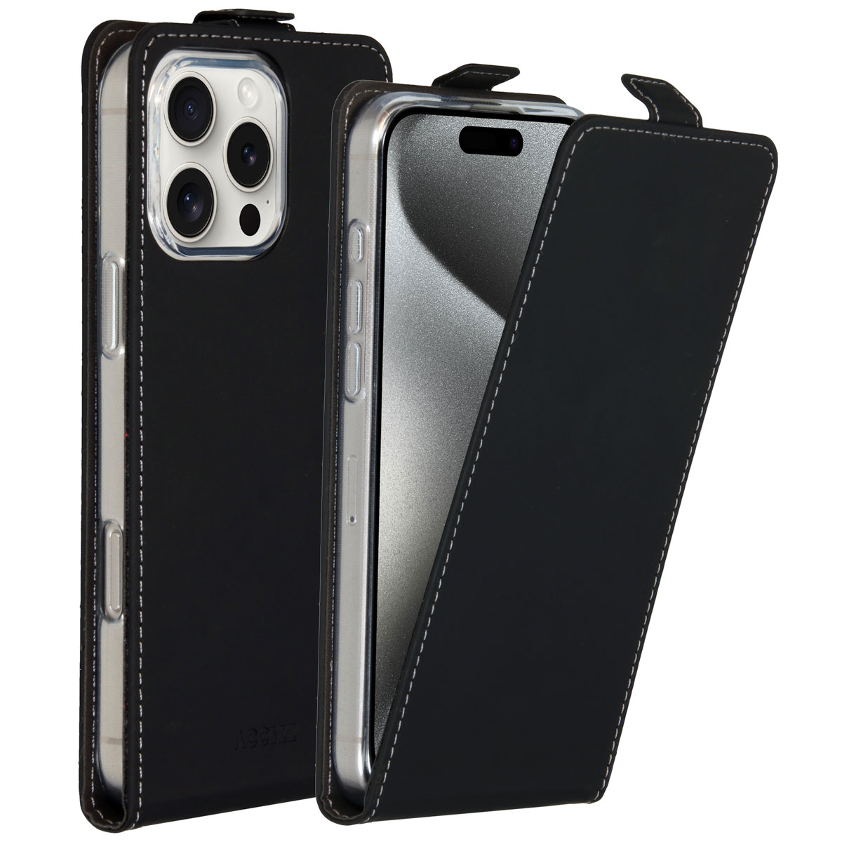 Étui de téléphone noir avec rabat, coutures blanches et un téléphone à l'intérieur. L'étui est ouvert, montrant l'écran.