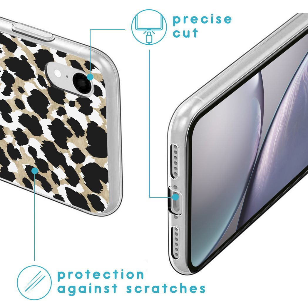 Deux coques de téléphone. Une avec un imprimé léopard, l'autre avec un écran. Le texte dit protection contre les rayures, coupe précise.