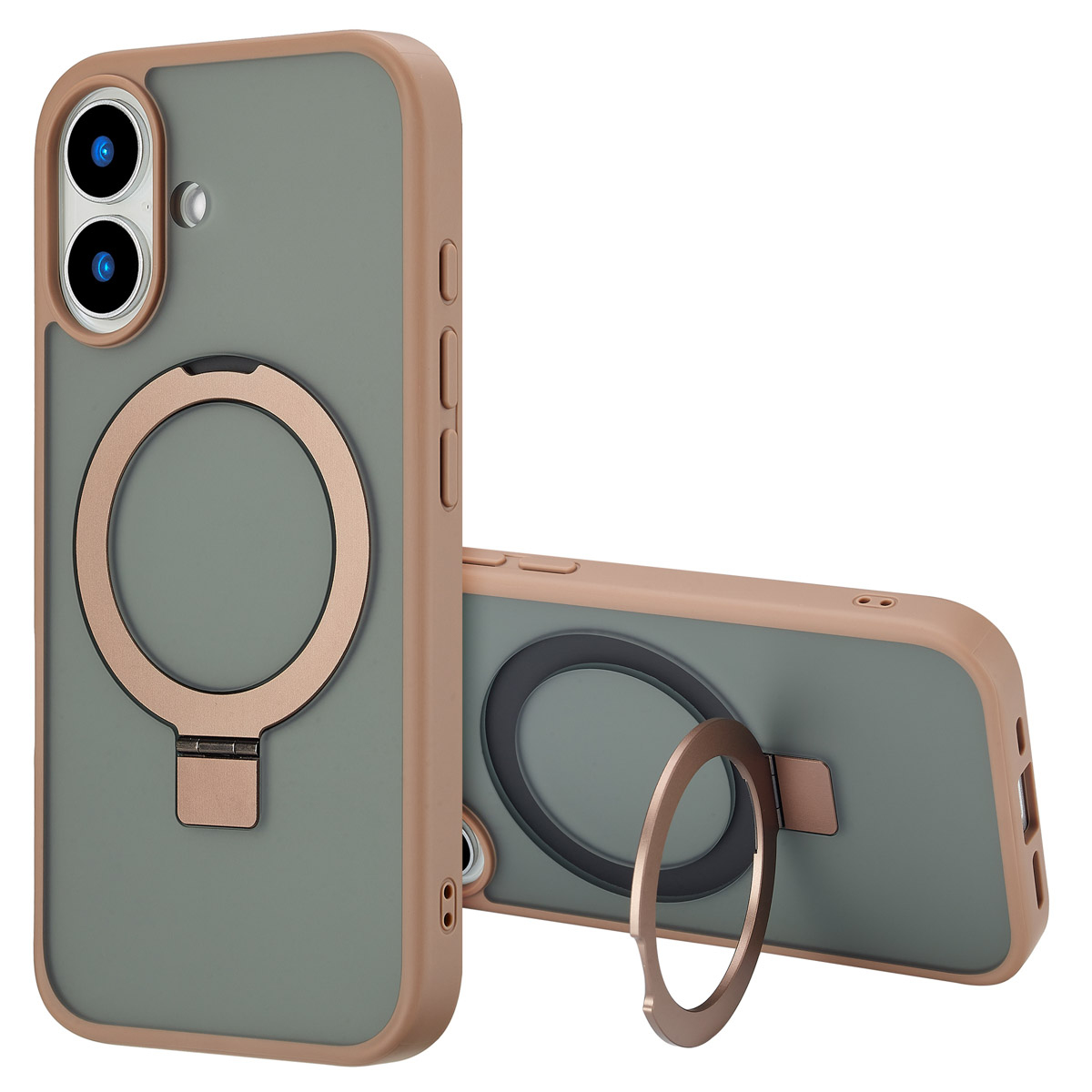 Twee telefoonhoesjes. Eén staand, één liggend. Beide grijs met gouden ringhouders en roze randen. De staande toont de camera's.