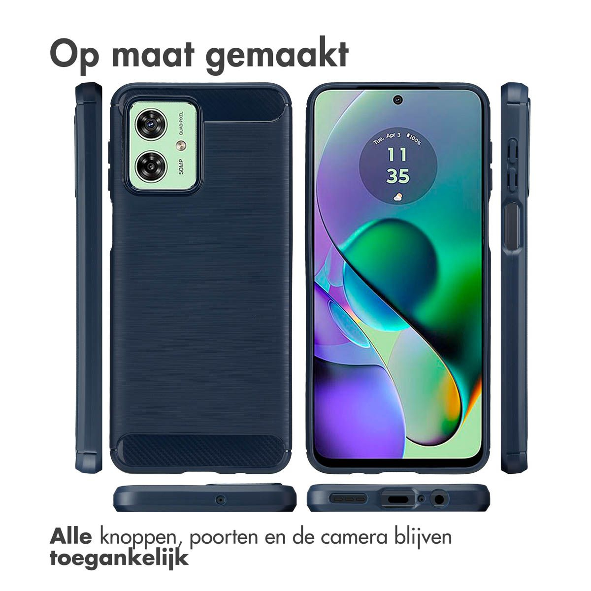 Een telefoon in een marineblauwe hoes. Tekst: 'Op maat gemaakt'. De telefoon toont de tijd. Onderstaande tekst: 'Alle knoppen, poorten en de camera blijven toegankelijk'.