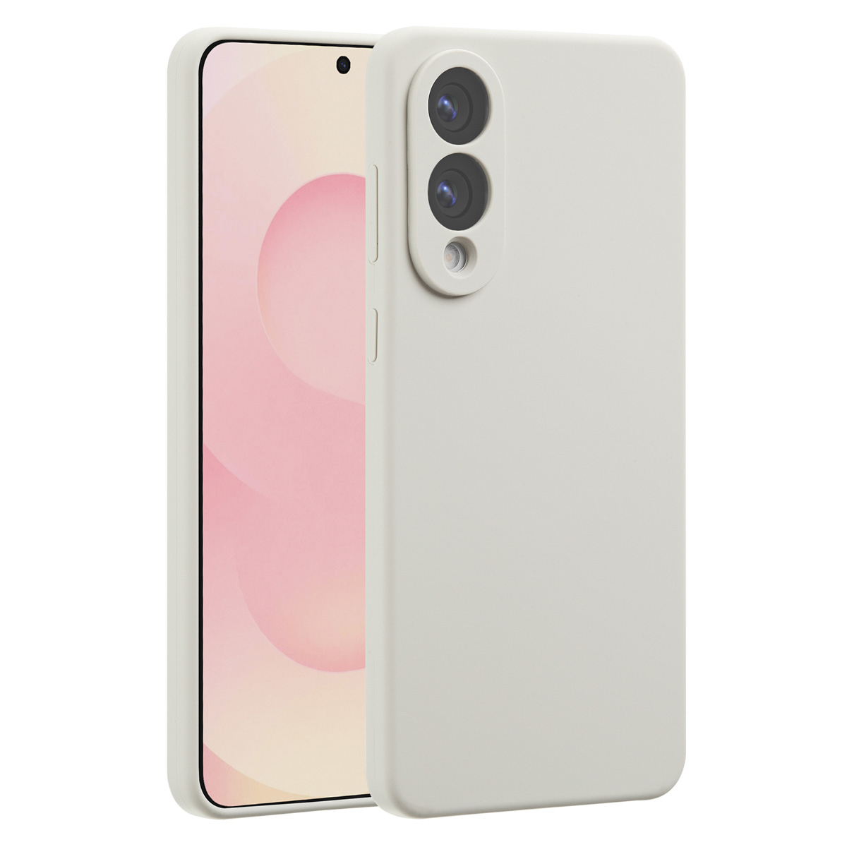Een smartphone in een lichtgrijze hoes. Het scherm toont een roze en witte gradiënt. De hoes heeft drie cameralenzen.