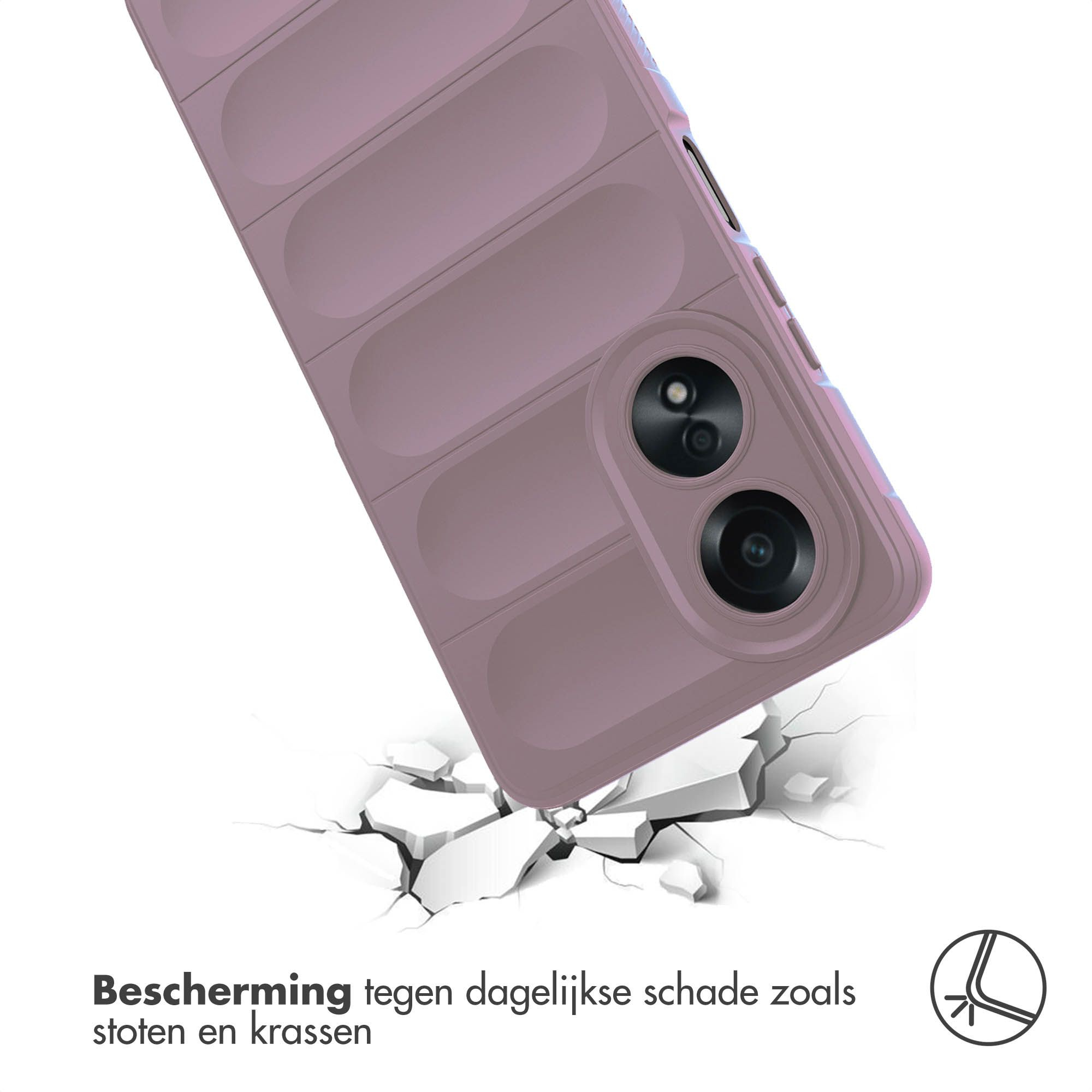 Een telefoonhoesje valt op een oppervlak en veroorzaakt scheuren. De hoes is paars. De achtergrond is wit.