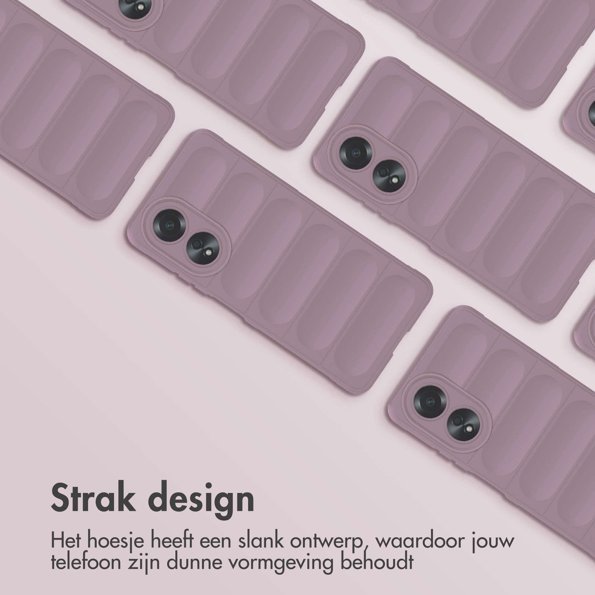 Verschillende lavendelkleurige telefoonhoesjes met camera's, diagonaal geplaatst op een lichtroze achtergrond. Tekst onderaan.