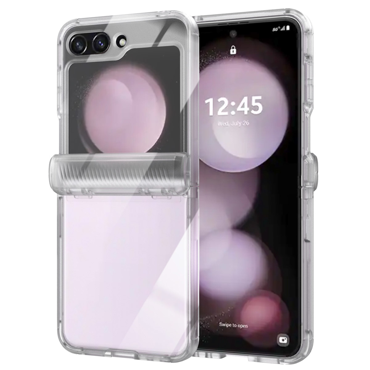 Een doorzichtige telefoonhoes beschermt een opvouwbare smartphone. Het scherm toont de tijd en een paarse achtergrond.