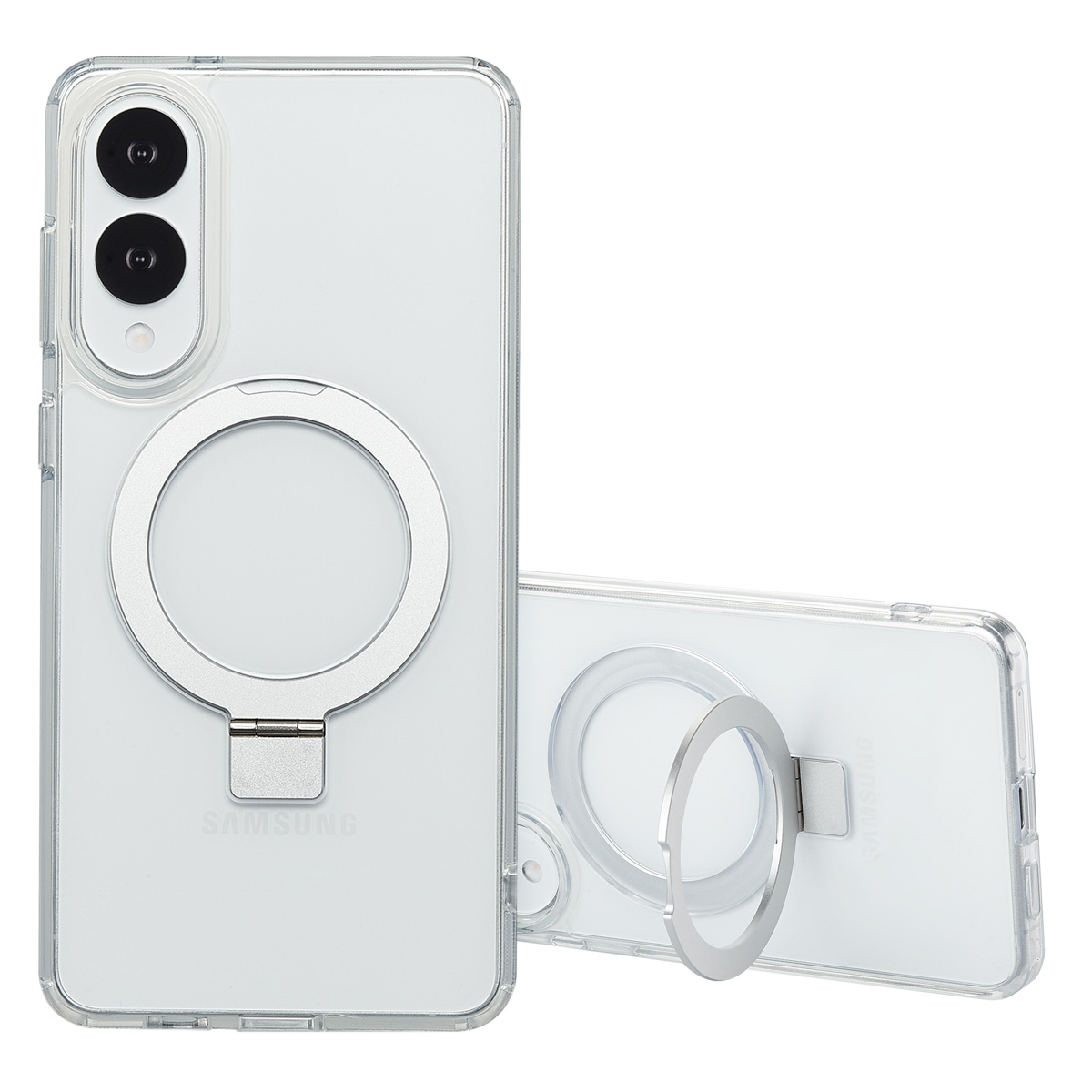 Coque de téléphone transparente avec support d'anneau argenté. Deux téléphones sont affichés, un debout et un sur le côté.