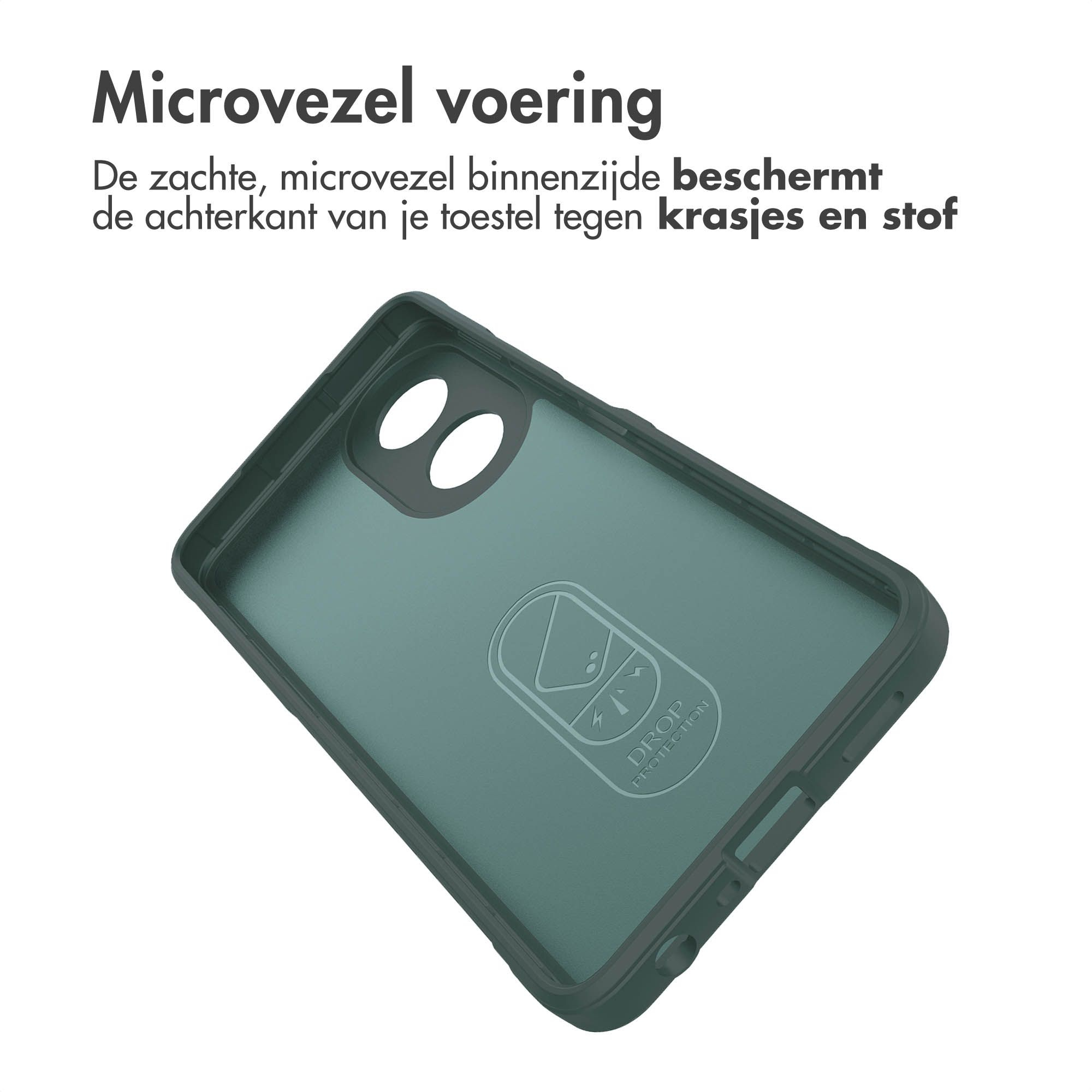 Groene telefoonhoes met tekst. De binnenkant beschermt tegen krassen en stof. Witte achtergrond.