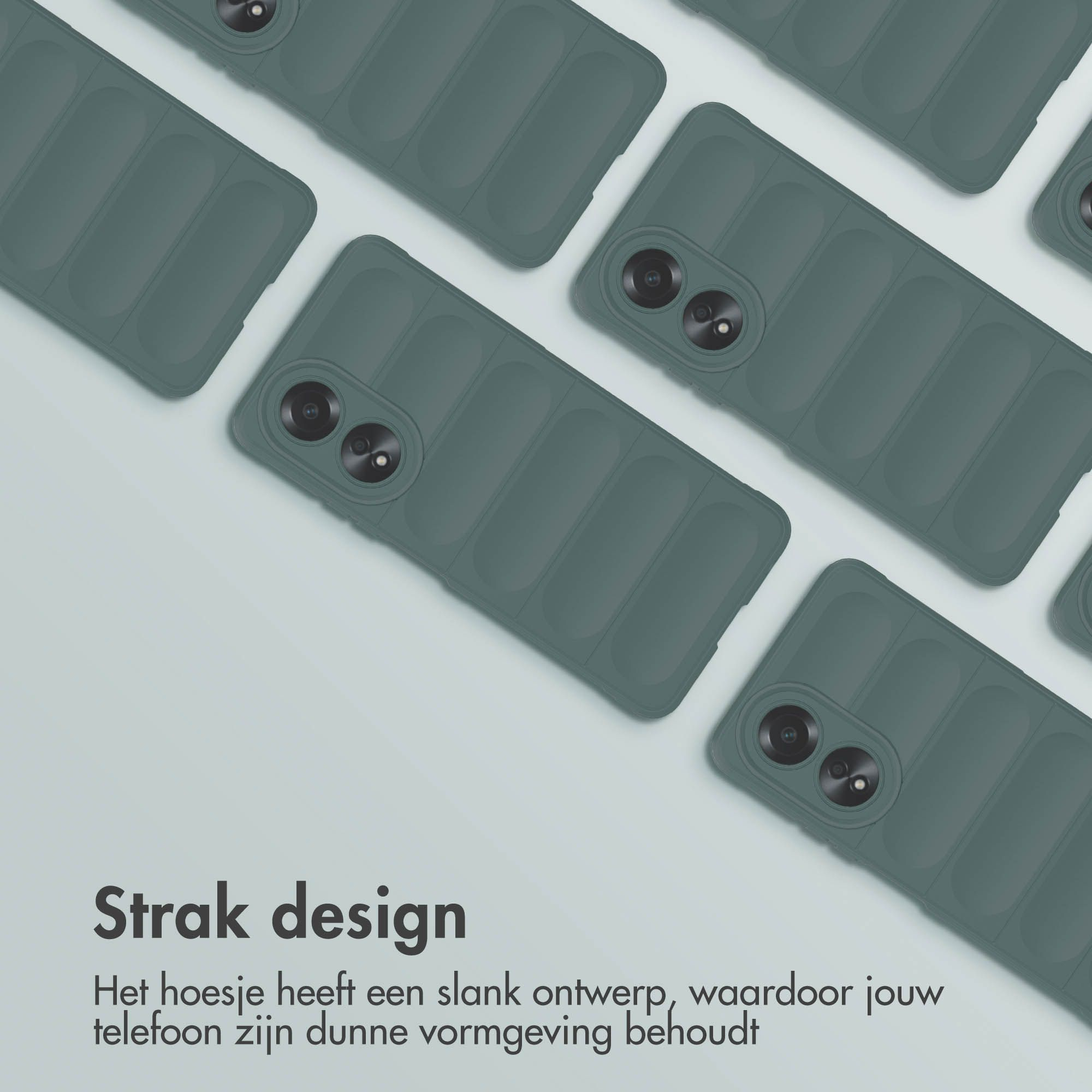 Afbeelding toont meerdere telefoonhoesjes in donkergroen. Elke hoes heeft een camera en een geribbeld ontwerp.