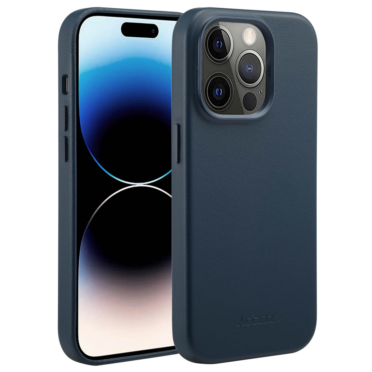 Een donkerblauwe telefoonhoes naast een telefoon met een blauw en wit scherm. De hoes heeft een uitsparing voor de camera en de merknaam.