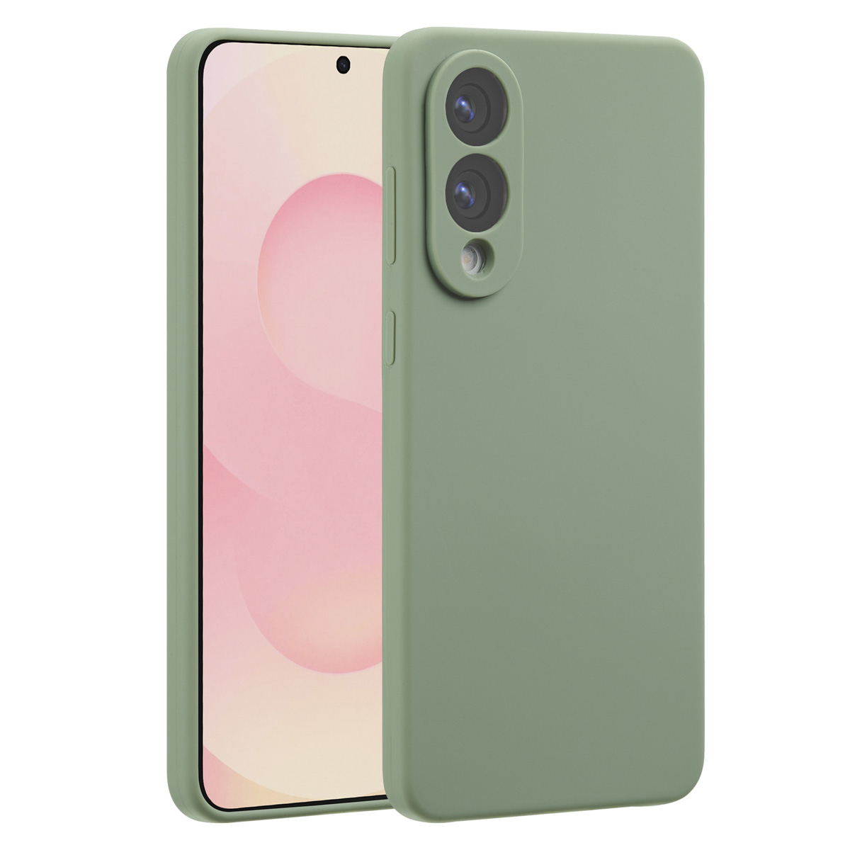 Un étui de téléphone vert et un téléphone sont présentés. L'écran du téléphone affiche une couleur rose clair. L'étui a des trous pour l'appareil photo.