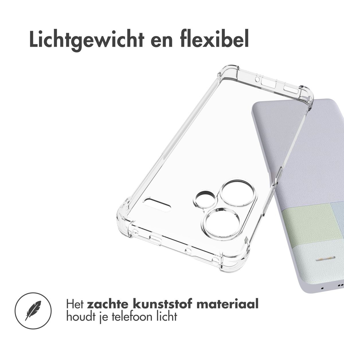Viene mostrata una custodia trasparente per telefono, con un telefono parzialmente inserito. Testo in alto: leggero e flessibile. In basso: la plastica morbida mantiene leggero il telefono.