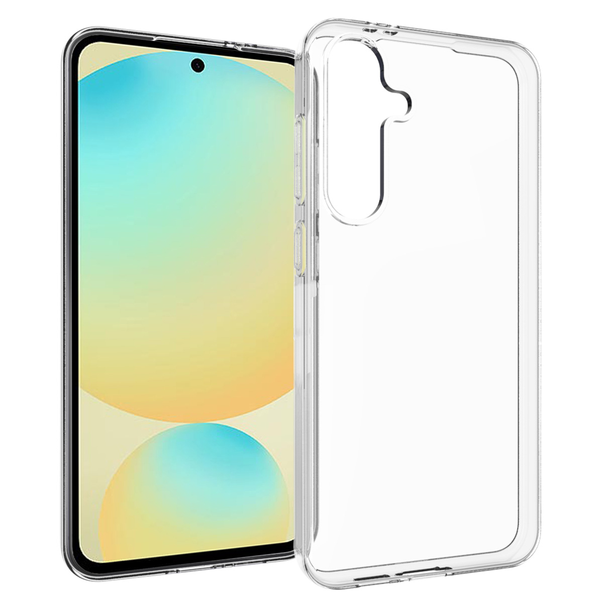 Une coque de téléphone transparente à côté d'un smartphone avec un écran coloré affichant des dégradés jaunes et bleus.