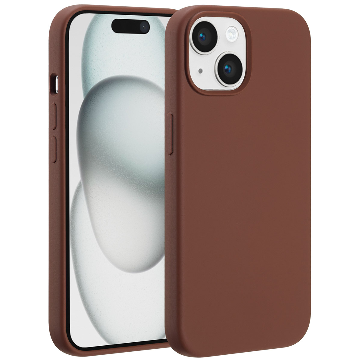 Twee bruine telefoonhoesjes met een zichtbaar telefoonscherm. Eén is open en toont het scherm, de ander bedekt de achterkant.