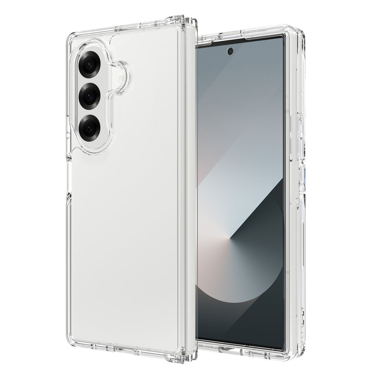 Een doorzichtige telefoonhoes naast een telefoon. De hoes toont de achterkant en het scherm van de telefoon. De telefoon heeft drie camera's.