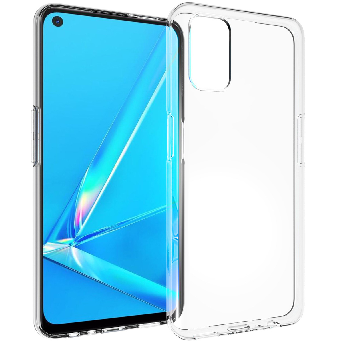 Een transparante telefoonhoes naast een smartphone met een blauw scherm. De hoes is transparant en toont het ontwerp van de telefoon.