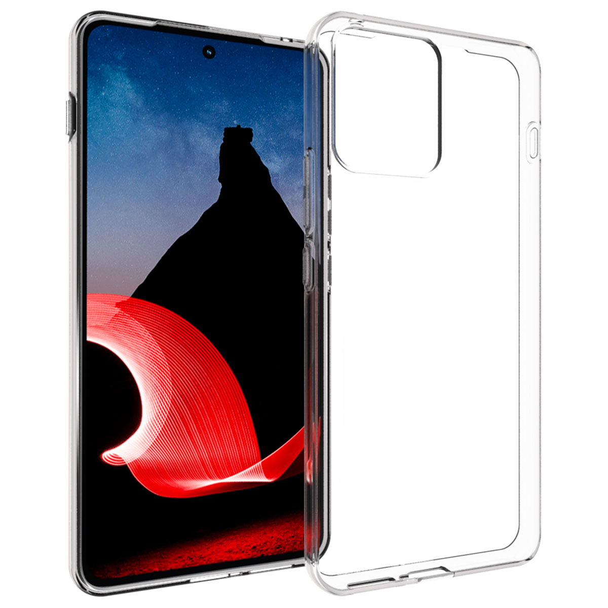 Uno smartphone in una custodia trasparente. Lo schermo mostra una scena di montagna con scie di luce rossa.