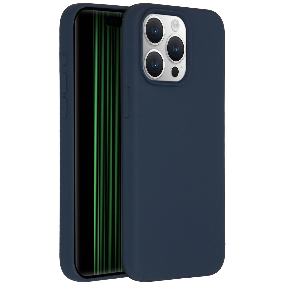 Un étui de téléphone bleu marine est présenté, avec un téléphone à l'intérieur. L'écran du téléphone affiche des lignes vertes verticales.