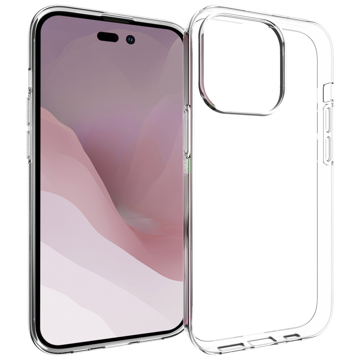 Transparante telefoonhoes naast een smartphone met een scherm met een roze en witte gradiënt.
