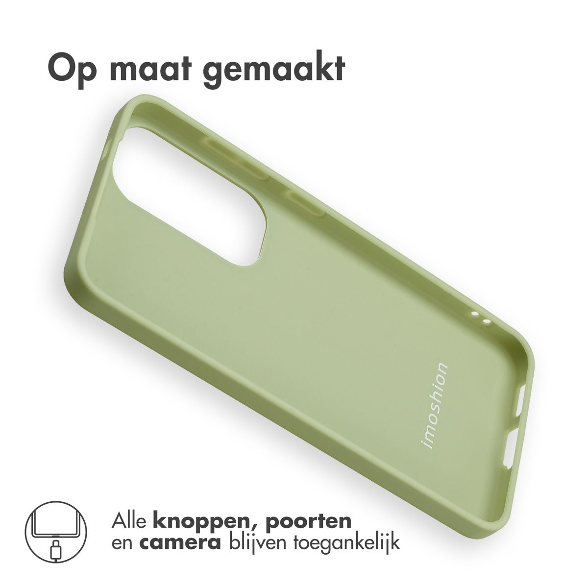 Une coque de téléphone vert clair avec le texte "Op maat gemaakt" et "imoshion". La coque a des ouvertures pour les boutons et la caméra.