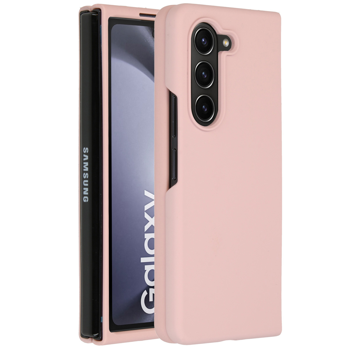 Eine rosa Handyhülle auf einem faltbaren Telefon. Das Telefon hat einen schwarzen Bildschirm und das Wort "Galaxy" ist sichtbar.