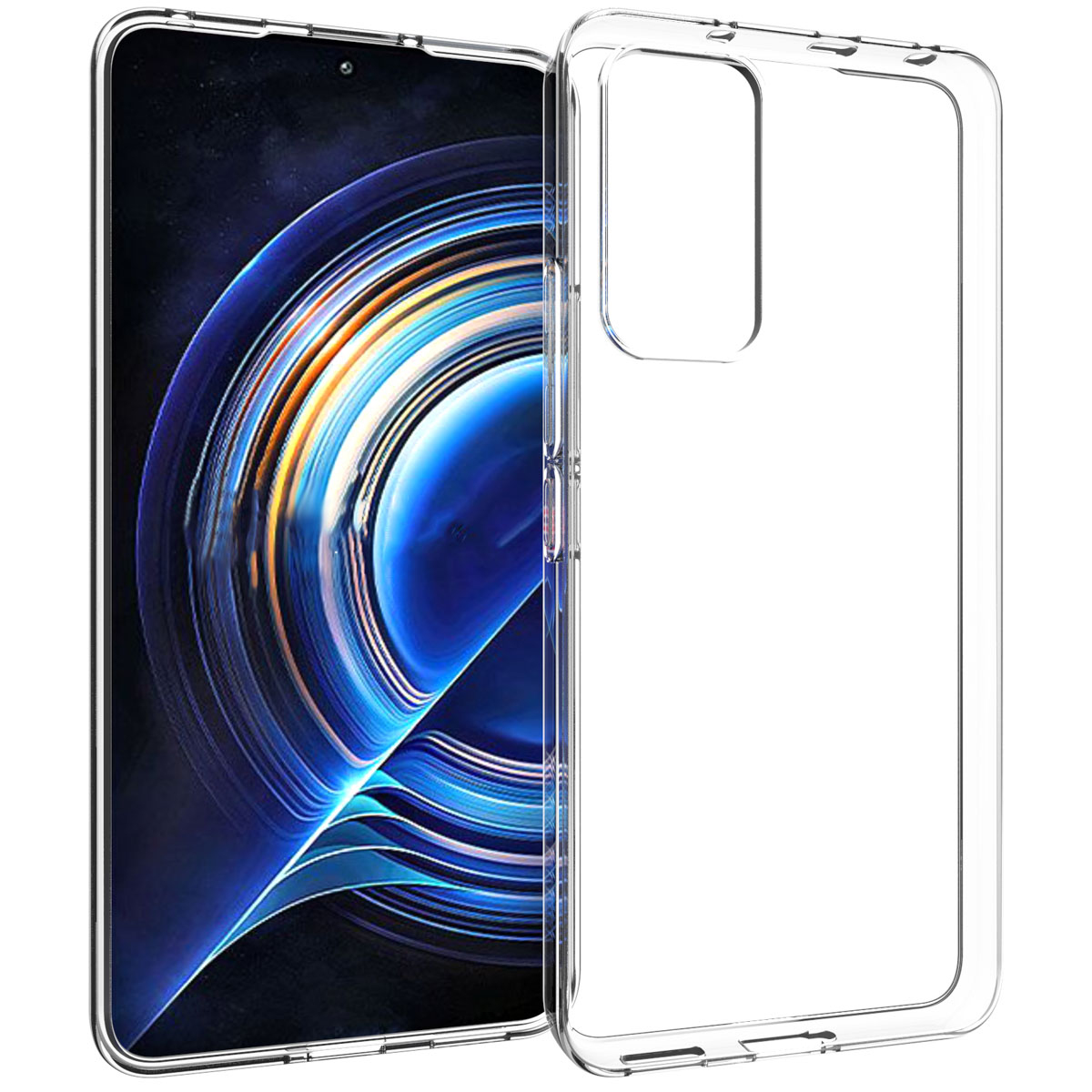 Un smartphone avec un écran bleu à côté d'une coque transparente. L'étui est conçu pour s'adapter au téléphone.