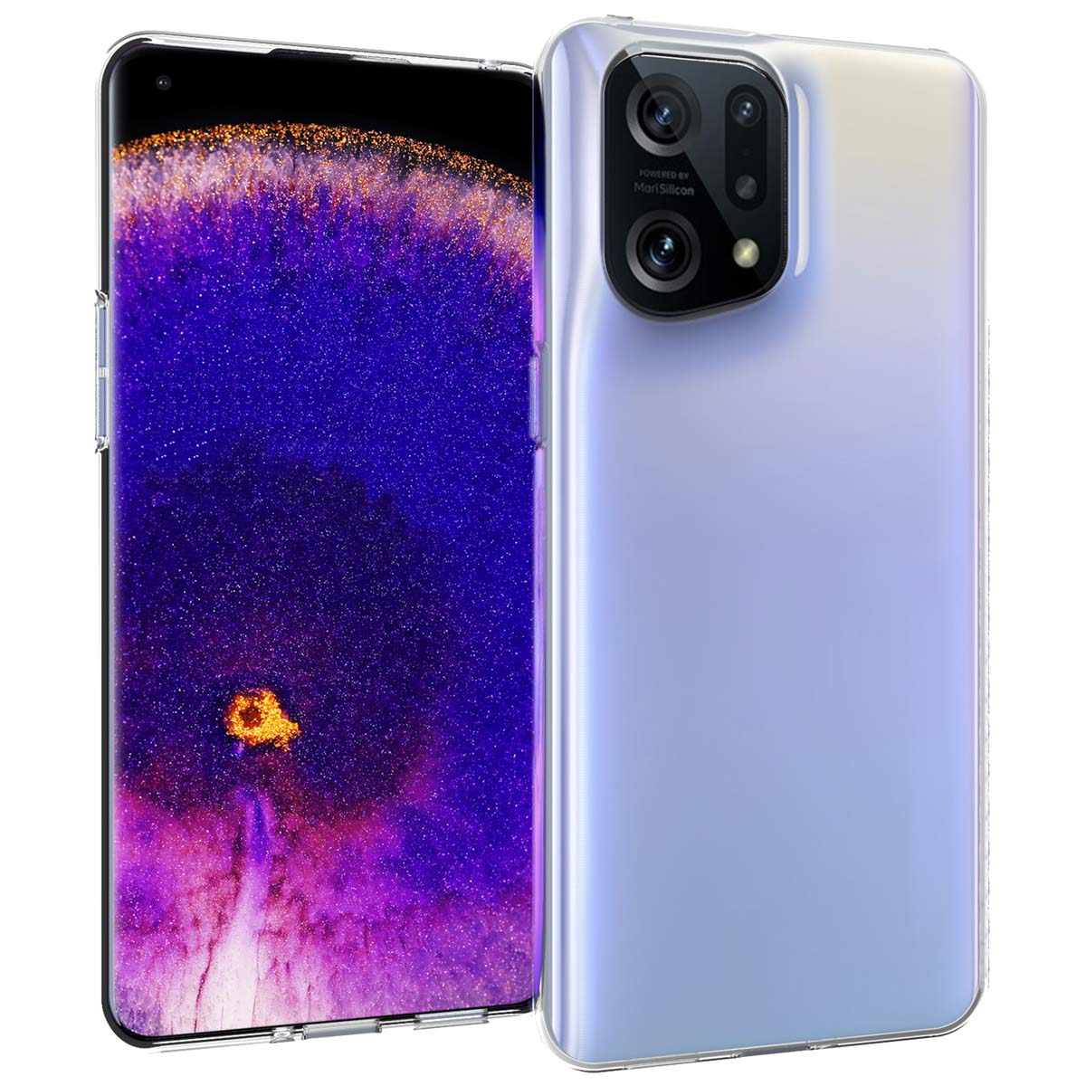 Un smartphone dans une coque transparente. L'écran affiche une image abstraite colorée. L'arrière est violet clair avec des caméras.