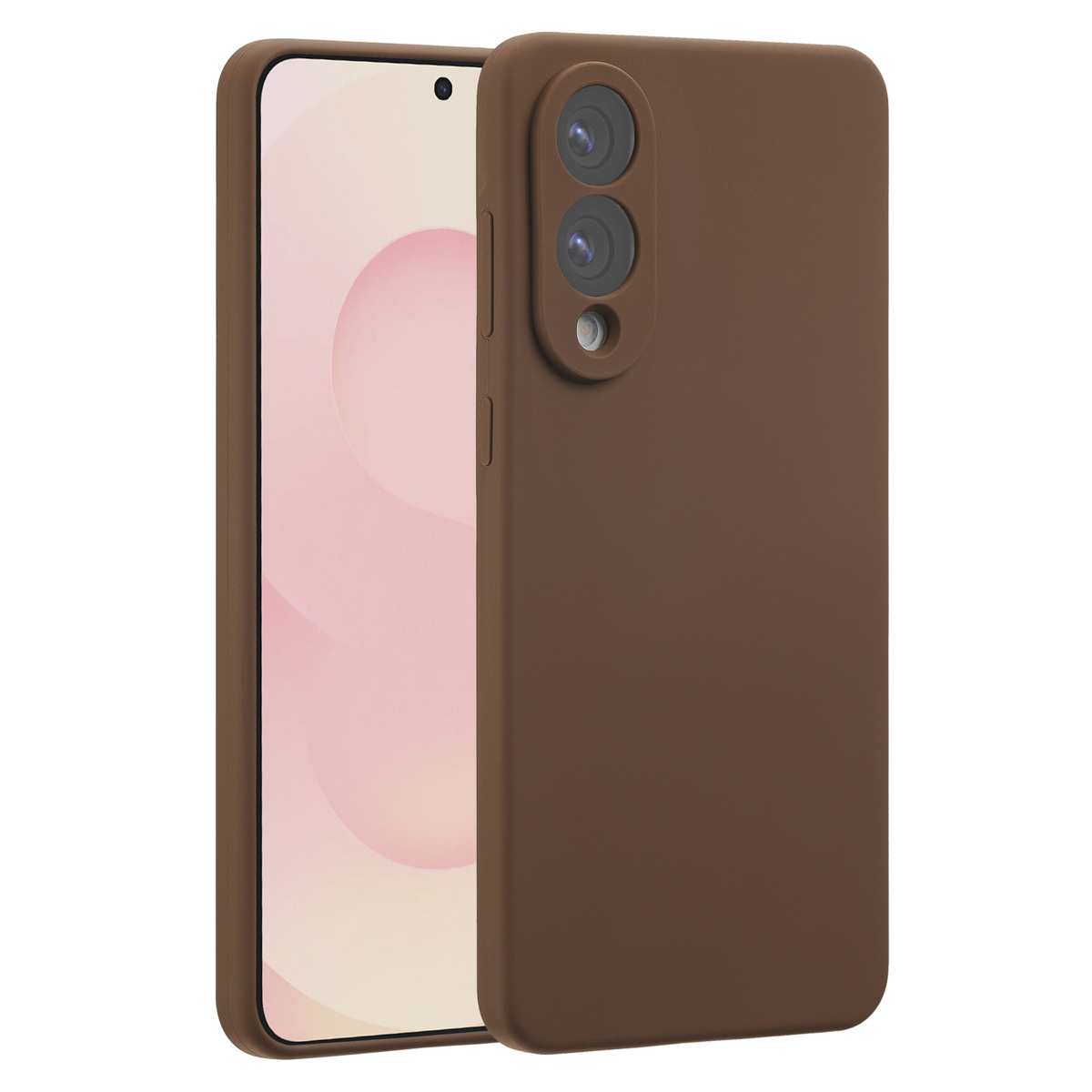 Une coque de téléphone marron avec un téléphone à l'intérieur. Le téléphone a un écran rose et la coque deux lentilles.