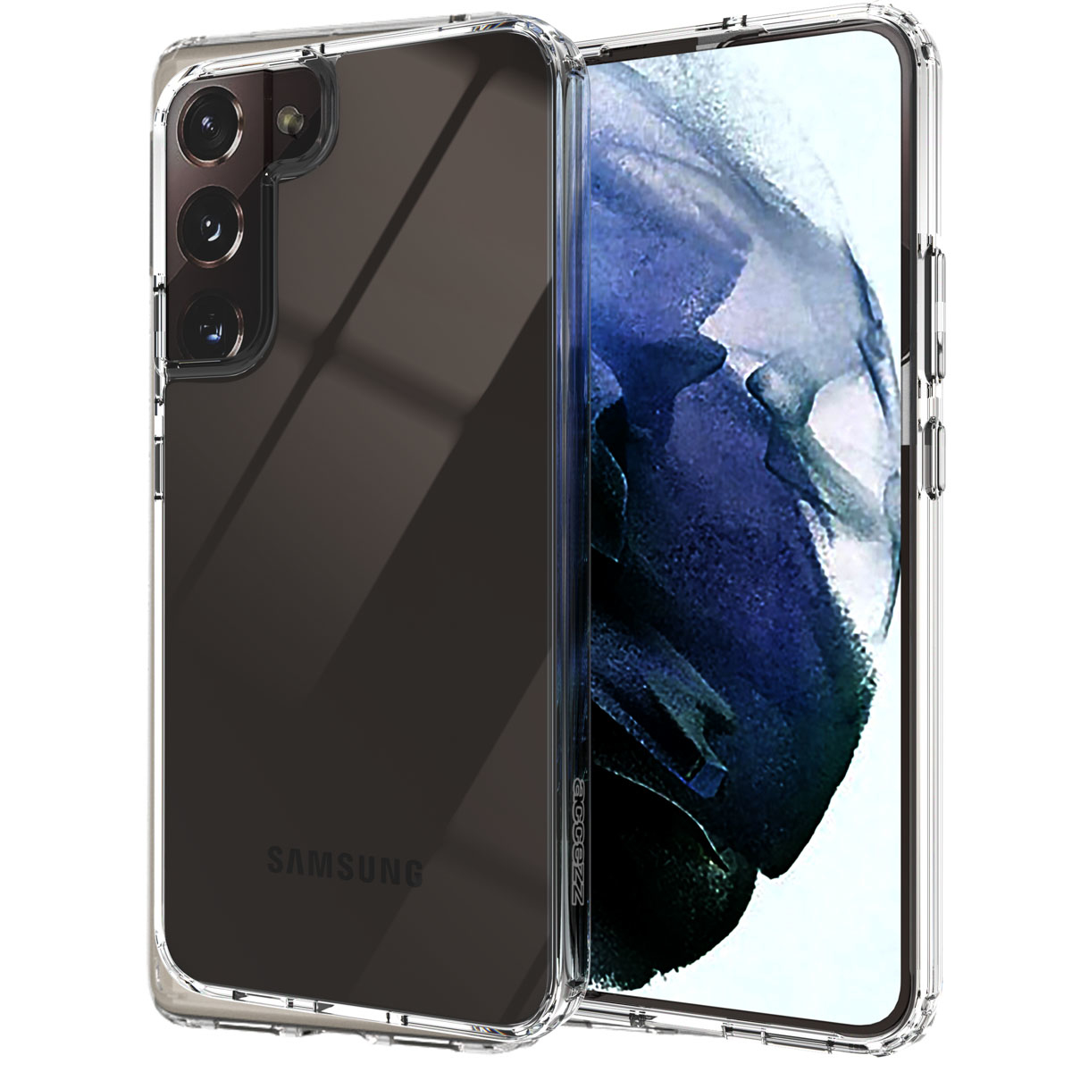 Une coque de téléphone transparente protège un smartphone. Le téléphone affiche une image abstraite colorée. La coque est transparente.