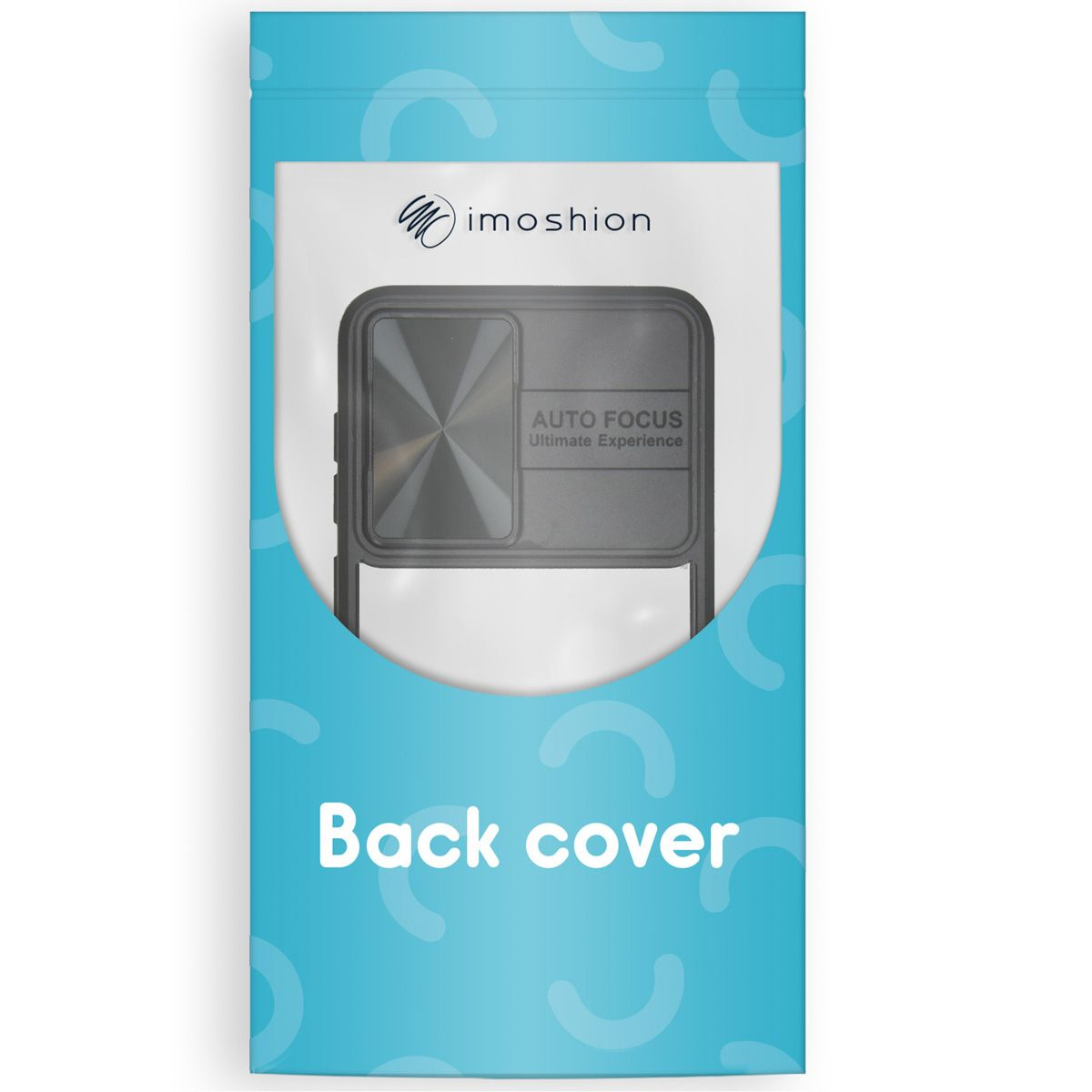 Een verpakking voor een telefoonhoesje met de merknaam imoshion. De hoes heeft autofocus functies en de tekst 'Back cover'.