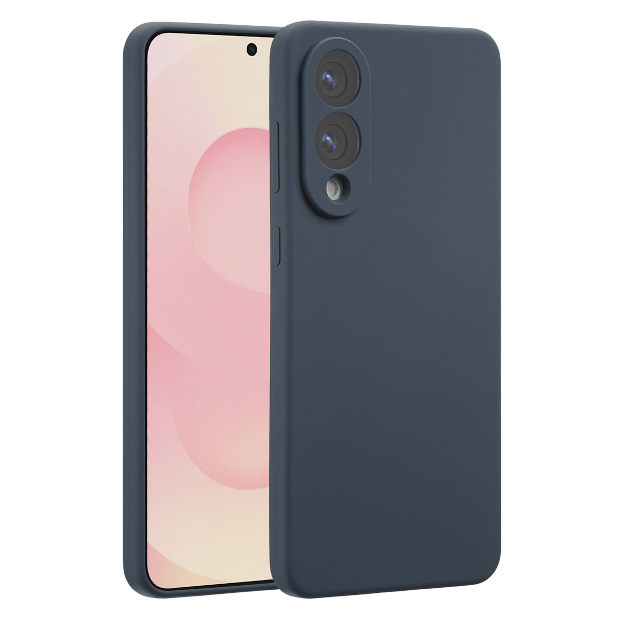 Een donkerblauwe telefoonhoes naast een telefoon met een roze scherm. De hoes heeft uitsparingen voor de camera en knoppen.