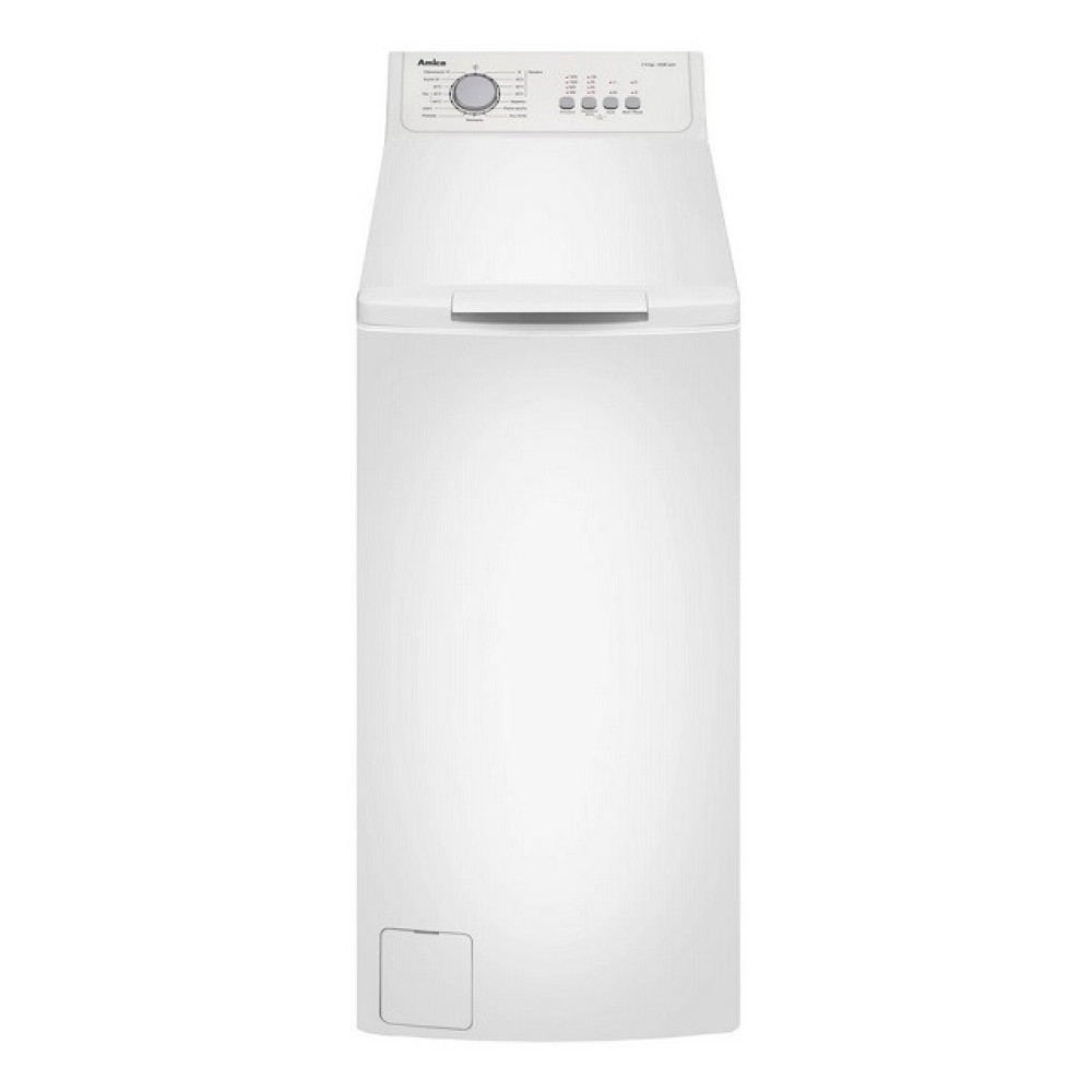 Pokazano białą pralkę Amica. Ma panel sterowania, drzwi i mały panel dostępowy na dole.