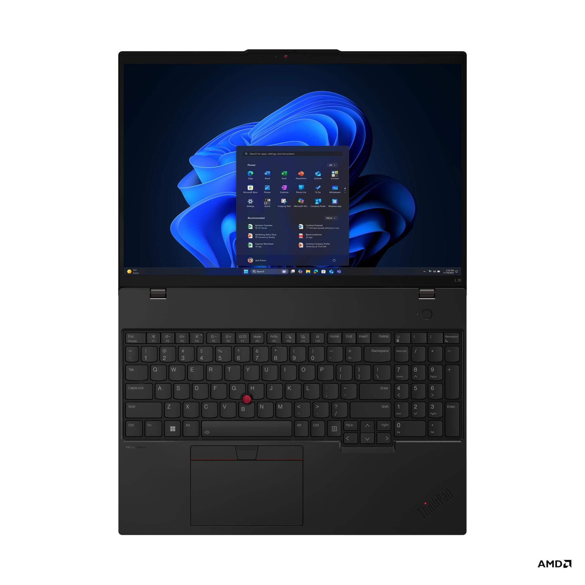 Laptop Lenovo nero con interfaccia Windows 11. Tastiera visibile, con logo ThinkPad. Logo AMD in basso a destra.