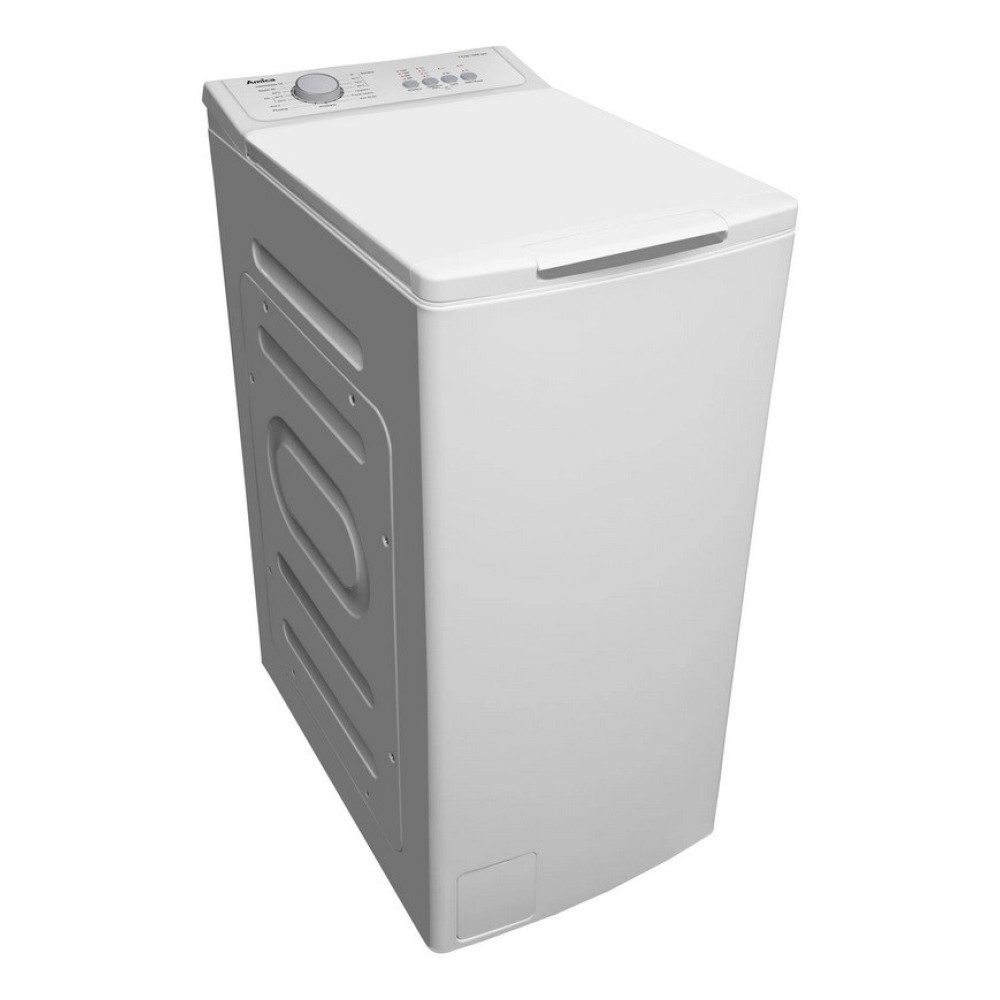 Biała pralka ładowana od góry. Ma panel sterowania i drzwiczki na górze. Stoi na białym tle.