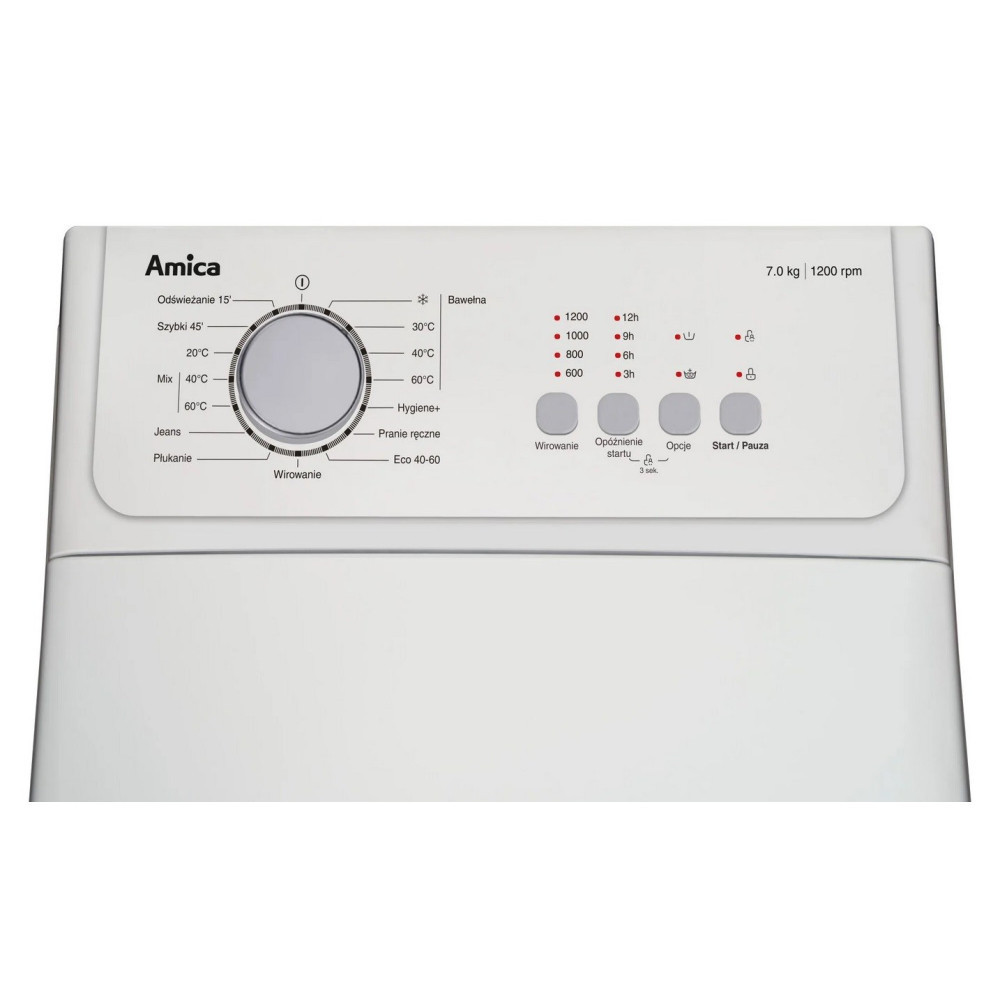 Biały panel sterowania pralki Amica z pokrętłem i przyciskami do różnych ustawień i opcji prania.