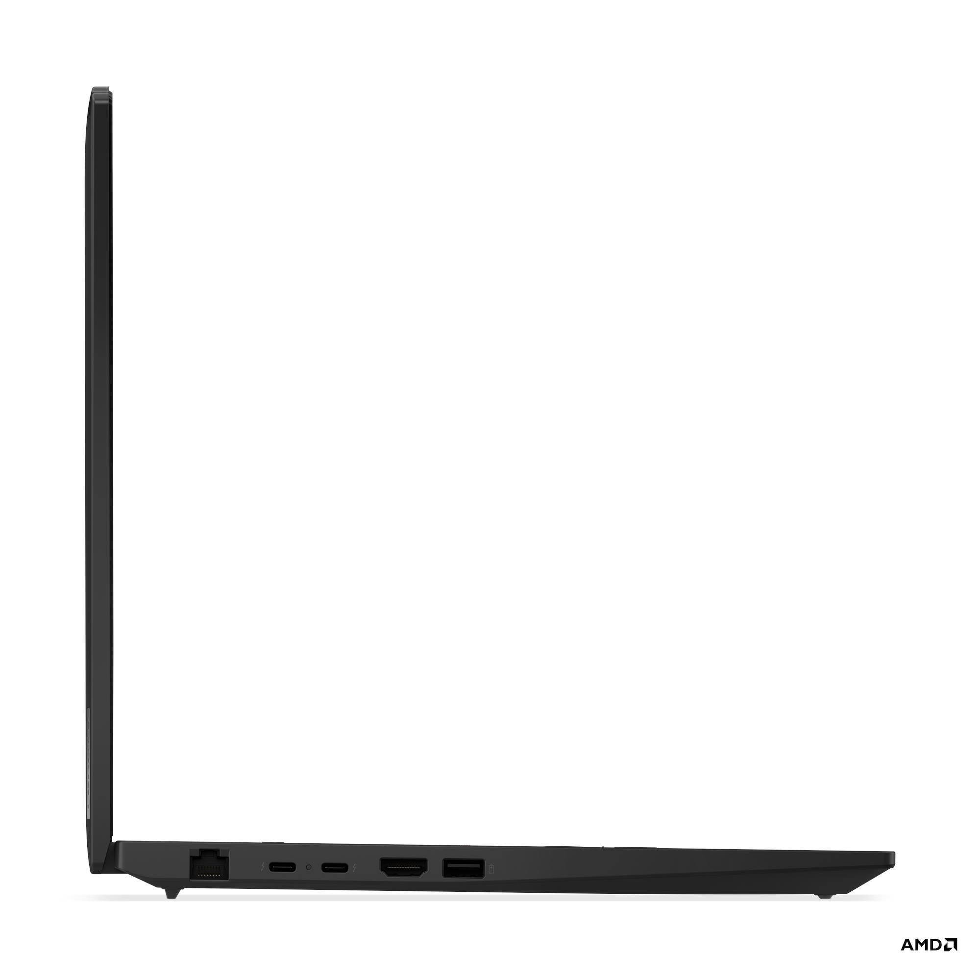 Vista laterale di un laptop nero su sfondo bianco. Porte visibili: USB, HDMI ed Ethernet.
