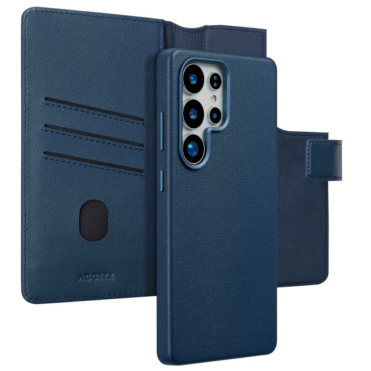 Een blauwe telefoonhoes is open en toont een telefoon met meerdere cameralenzen. De hoes heeft kaartsleuven en een magnetische sluiting.