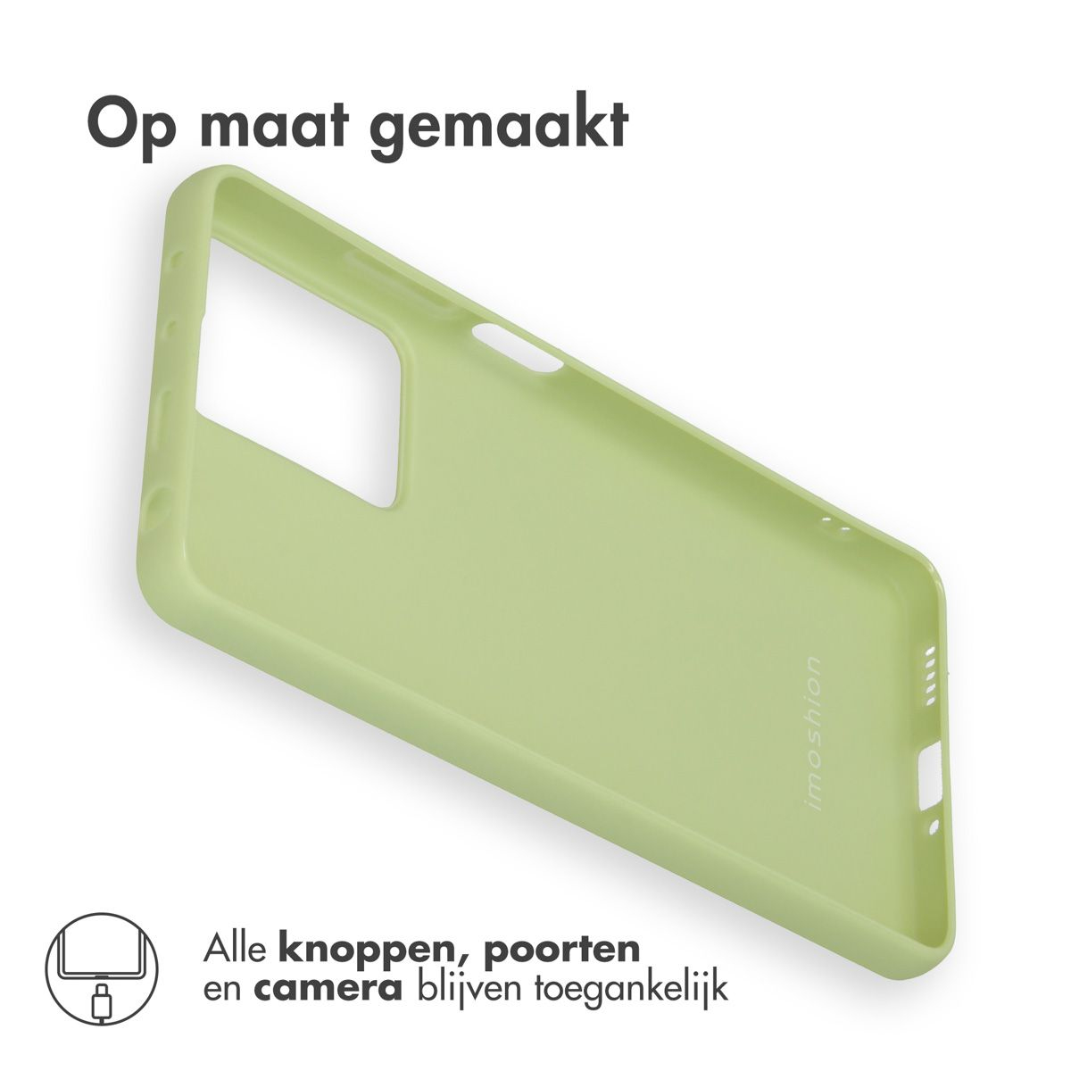 Una custodia per telefono verde chiaro è esposta su una superficie bianca. Il testo in alto recita 'Op maat gemaakt'. Il testo in basso descrive le caratteristiche.