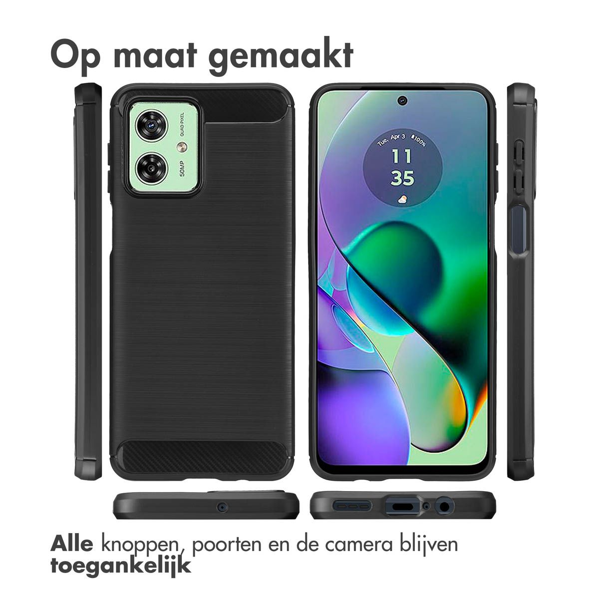 Een telefoon in een zwarte hoes. Het scherm toont tijd en datum. Tekst: 'Op maat gemaakt' en 'Alle knoppen...toegankelijk'.