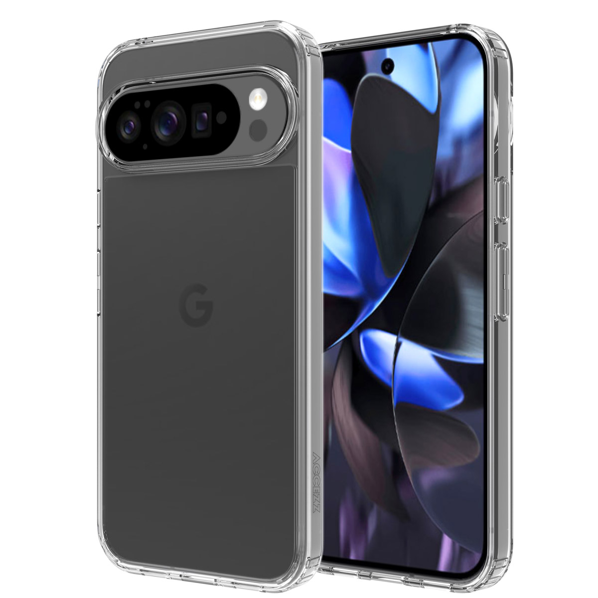 Een transparante telefoonhoes beschermt een smartphone. De telefoon heeft een zwarte achterkant en toont blauwe en witte abstracte vormen.