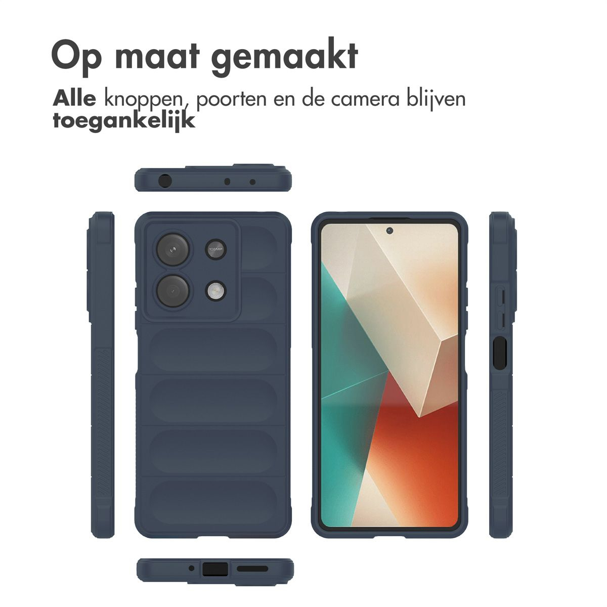 Een donkerblauwe telefoonhoes. De hoes heeft openingen voor de camera en poorten. Het scherm toont een kleurrijk geometrisch ontwerp.