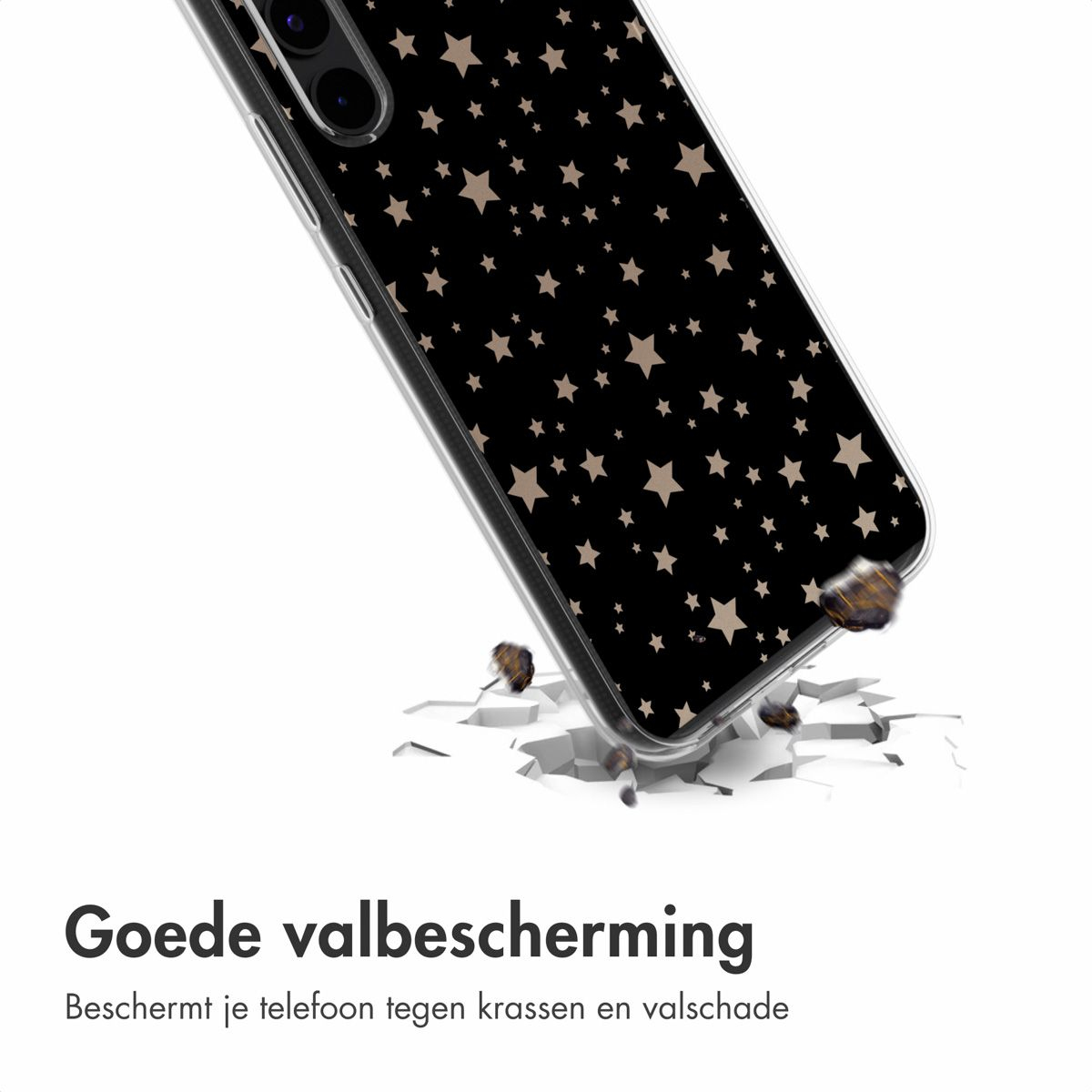 Een telefoonhoesje met een zwarte achtergrond en beige sterren. Het valt en raakt een oppervlak waardoor het breekt.