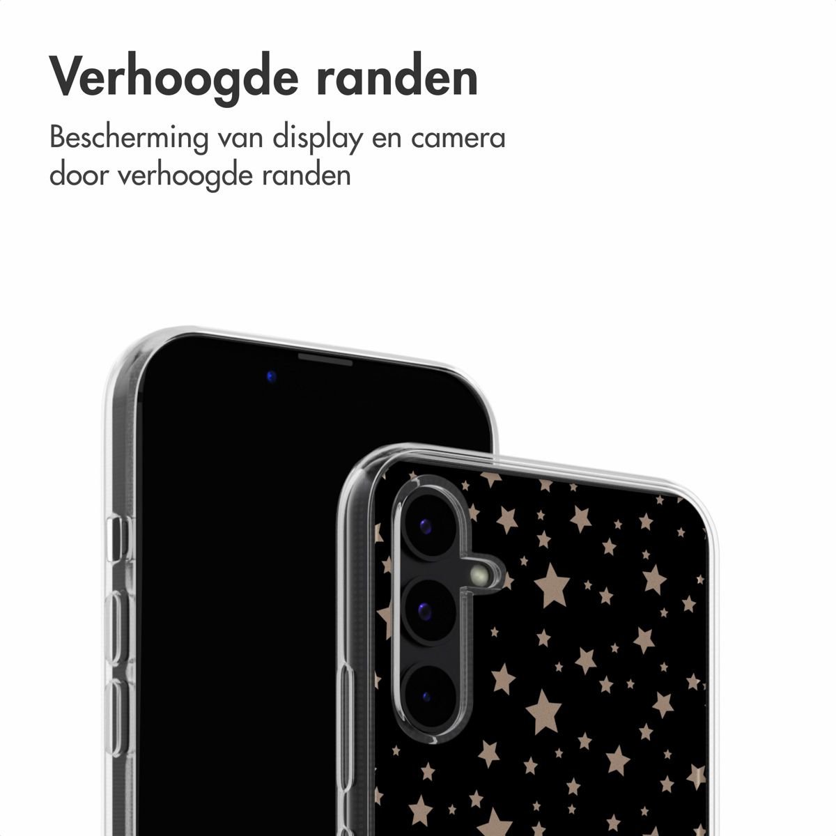 Twee smartphones in beschermende hoesjes. Eén heeft een zwart scherm en de andere een zwarte achtergrond met beige sterren.