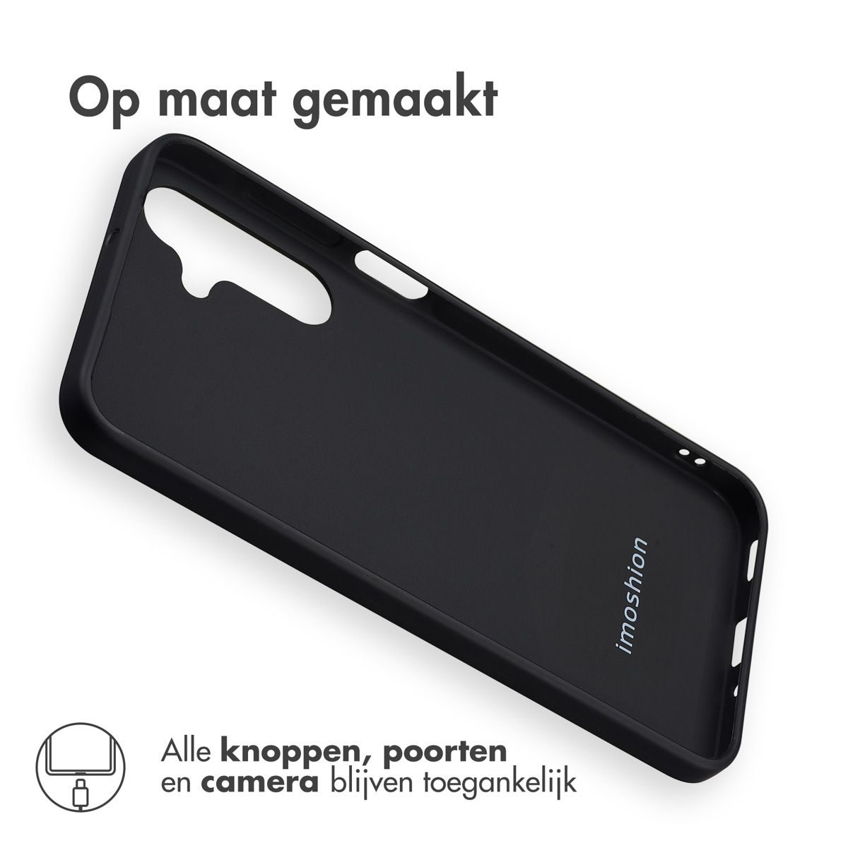Eine schwarze Handyhülle mit dem Text 'Op maat gemaakt' oben. Die Worte 'Alle knoppen, poorten en camera blijven toegankelijk' unten.