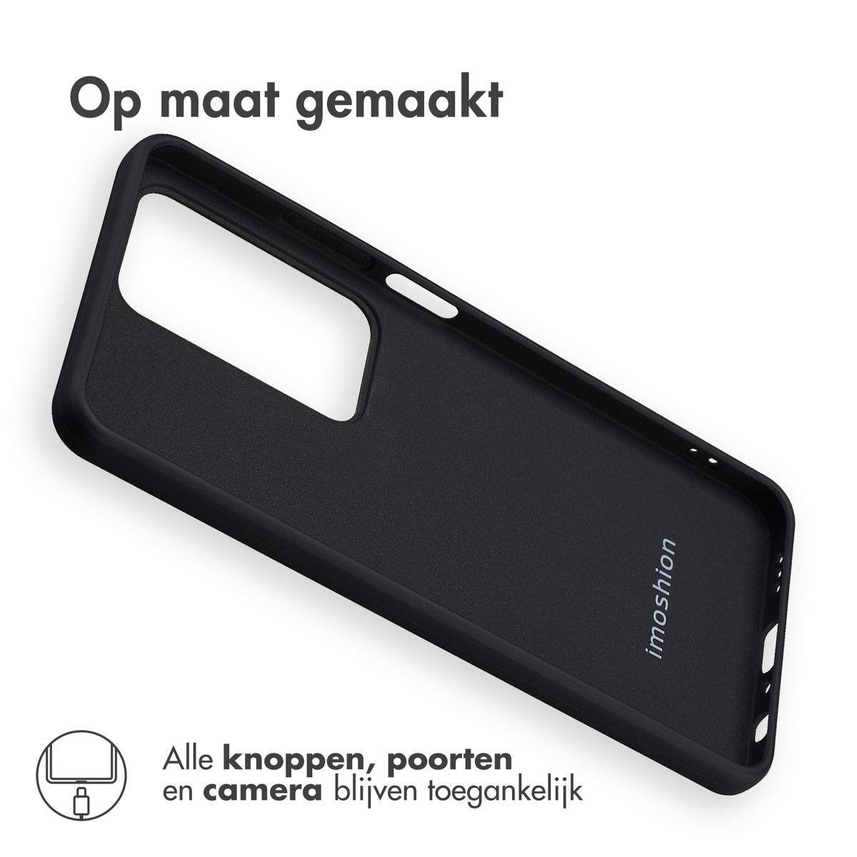 Zwarte telefoonhoes met het merk imoshion. Tekst zegt 'Op maat gemaakt'. Andere tekst zegt 'Alle knoppen, poorten en camera blijven toegankelijk'.