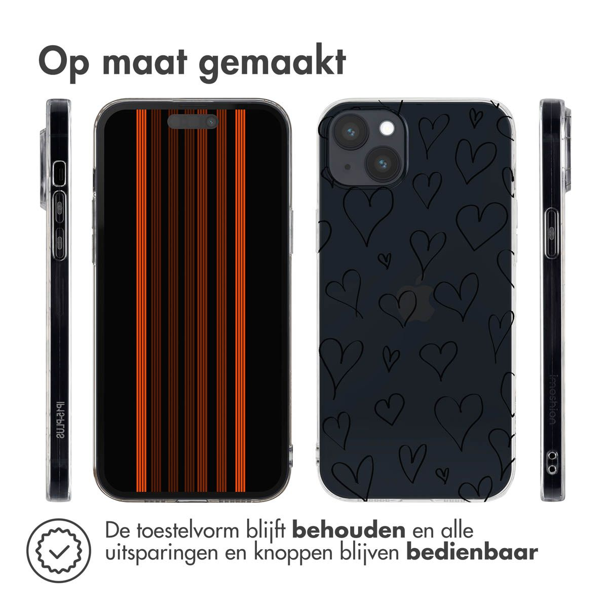 Afbeelding toont drie telefoonhoesjes: één met oranje strepen, één met harten, en een zijaanzicht van een zwarte hoes.